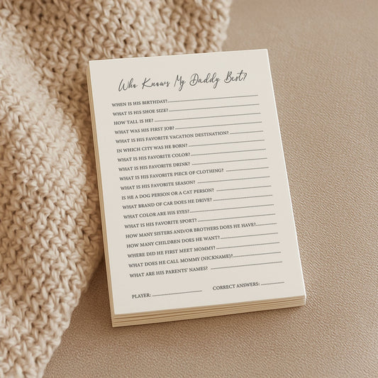Baby Shower Game Cards - Who Knows Daddy Best