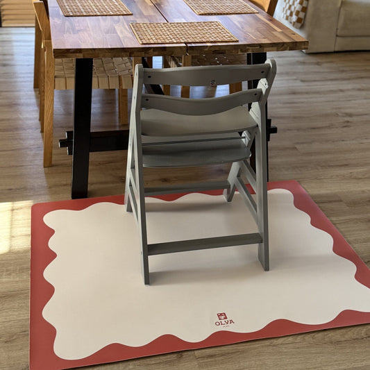 Kids Mealtime Floor Mat, Non-Slip & Waterproof - Red Frame